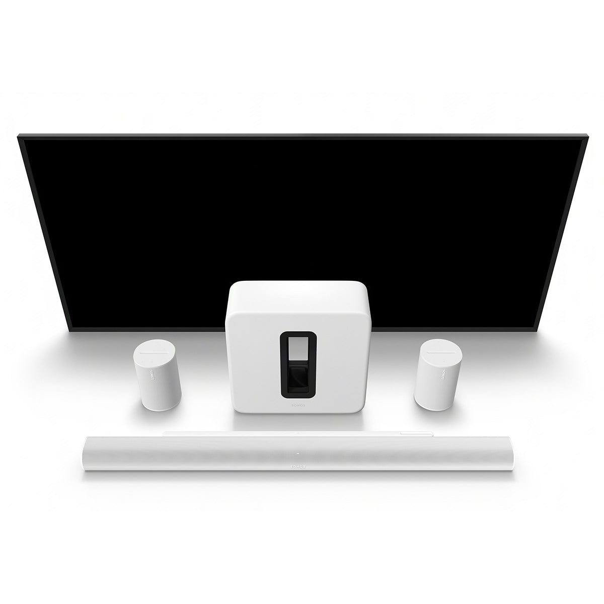 Sonos Sub 4 Wireless Subwoofer - White with separate Sonos Arc Ultra, satellite speakers top and front view angled down in front of television