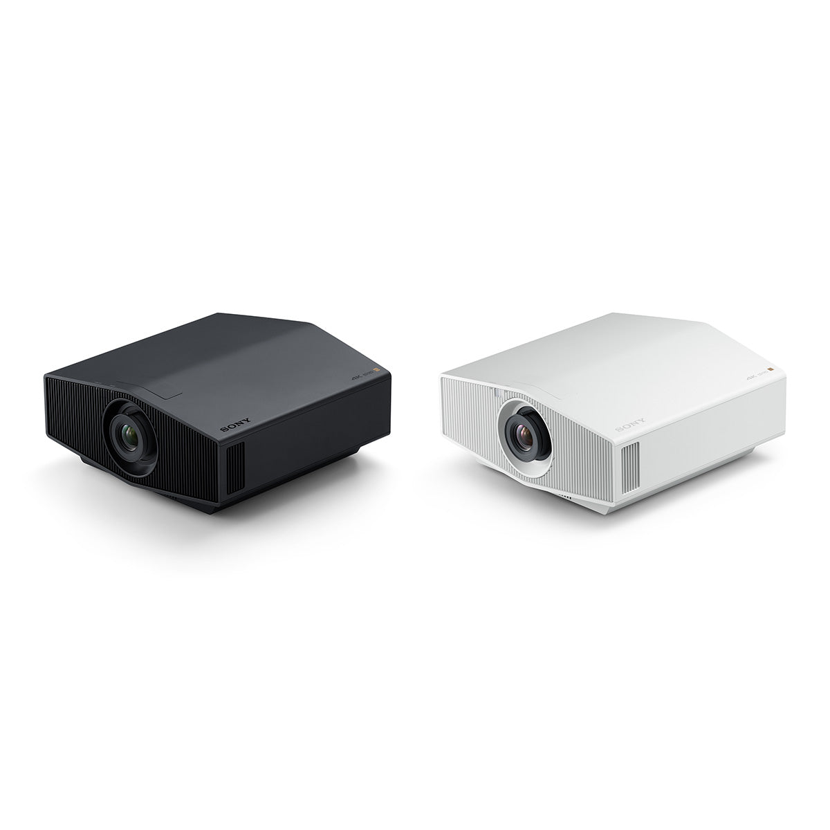 Two Sony BRAVIA Projector 7 VPL-XW5100ES 4K HDR Projectors black on left white on right top view angled left